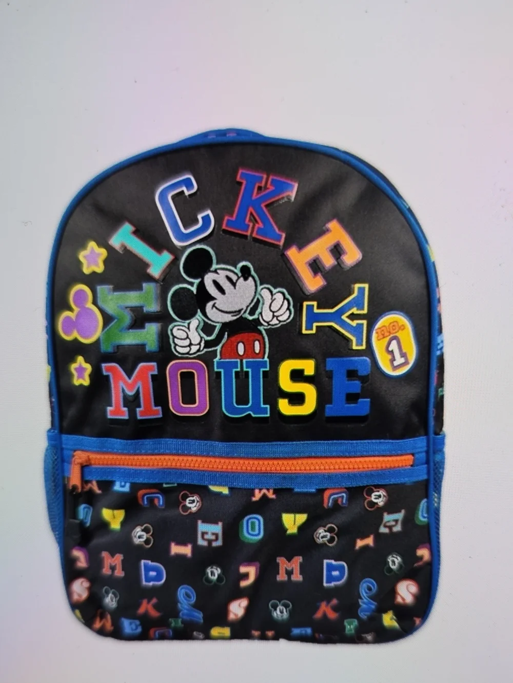 Disney Mickey Mouse Letters Backpack Black w Multicolor Letters 14x12x5 Aprox